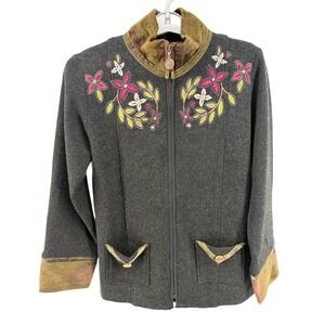 Icelandic Design Women Wool Zip-Up Cardigan Gray Floral Embroidered Size S
